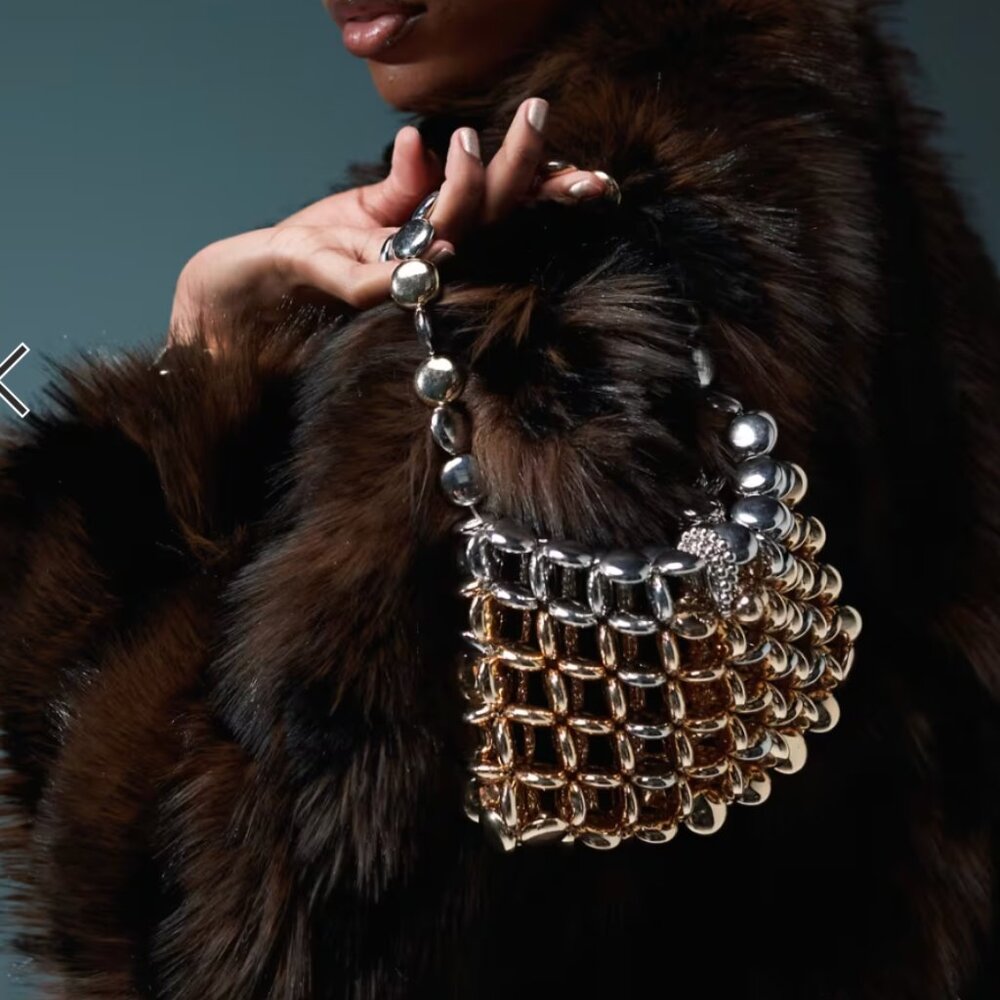 Round beaded top handle grab bag in mixed metals